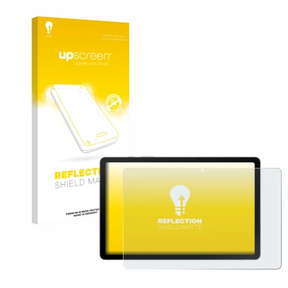 Parte frontal de un envase de producto con el logotipo de la marca upscreen. Al lado se muestra el dispositivo Samsung Galaxy