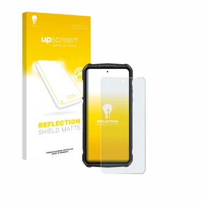Parte frontal de un envase de producto con el logotipo de la marca upscreen. Al lado se muestra el dispositivo Ulefone Armor 2
