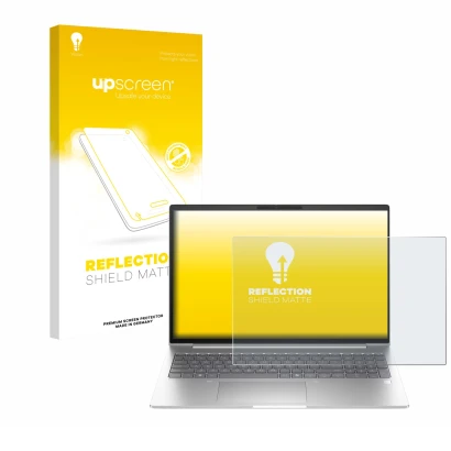 Parte frontal de un envase de producto con el logotipo de la marca upscreen. Al lado se muestra el dispositivo HP EliteBook 6 