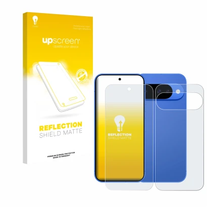 Parte frontal de un envase de producto con el logotipo de la marca upscreen. Al lado se muestra el dispositivo Google Pixel 10