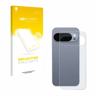 Parte frontal de un envase de producto con el logotipo de la marca upscreen. Al lado se muestra el dispositivo Google Pixel 10