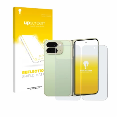 Parte frontal de un envase de producto con el logotipo de la marca upscreen. Al lado se muestra el dispositivo Google Pixel 10