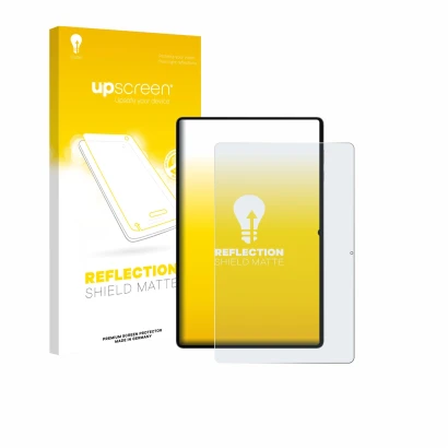 Parte frontal de un envase de producto con el logotipo de la marca upscreen. Al lado se muestra el dispositivo Samsung Galaxy 