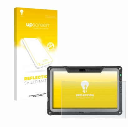 Parte frontal de un envase de producto con el logotipo de la marca upscreen. Al lado se muestra el dispositivo Getac F110 G7 c