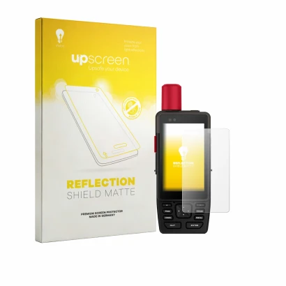 Parte frontal de un envase de producto con el logotipo de la marca upscreen. Al lado se muestra el dispositivo Garmin GPSMAP H