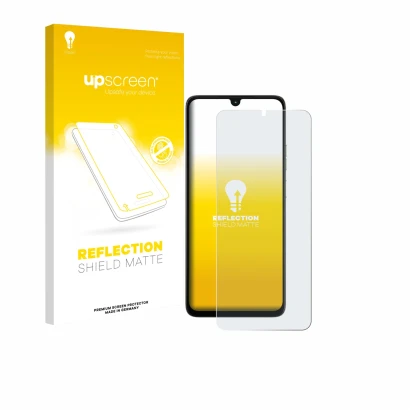 Parte frontal de un envase de producto con el logotipo de la marca upscreen. Al lado se muestra el dispositivo Motorola Moto G