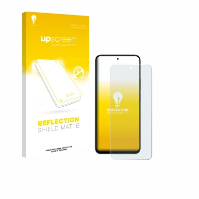 Parte frontal de un envase de producto con el logotipo de la marca upscreen. Al lado se muestra el dispositivo Honor 400 Smart