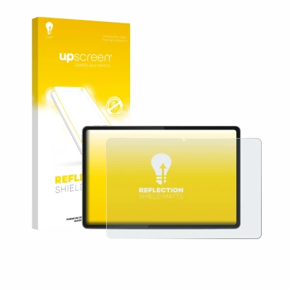 Parte frontal de un envase de producto con el logotipo de la marca upscreen. Al lado se muestra el dispositivo Lenovo Yoga Tab