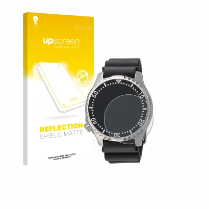 Parte frontal de un envase de producto con el logotipo de la marca upscreen. Al lado se muestra el dispositivo Citizen NY0040
