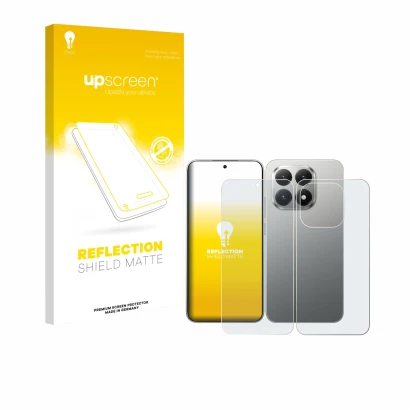 Parte frontal de un envase de producto con el logotipo de la marca upscreen. Al lado se muestra el dispositivo Xiaomi 15T (Fro
