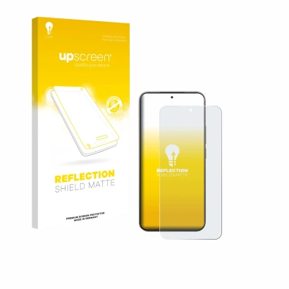 Parte frontal de un envase de producto con el logotipo de la marca upscreen. Al lado se muestra el dispositivo Xiaomi 15T Pro 