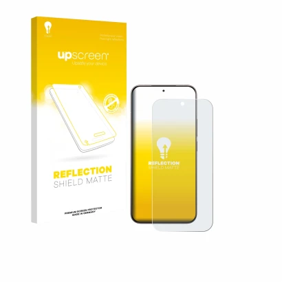 Parte frontal de un envase de producto con el logotipo de la marca upscreen. Al lado se muestra el dispositivo Xiaomi 17 con s