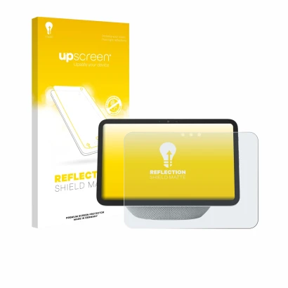 Parte frontal de un envase de producto con el logotipo de la marca upscreen. Al lado se muestra el dispositivo Amazon Echo Sho