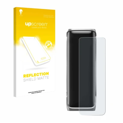 Parte frontal de un envase de producto con el logotipo de la marca upscreen. Al lado se muestra el dispositivo EcoFlow Rapid P