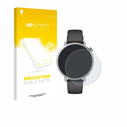Parte frontal de un envase de producto con el logotipo de la marca upscreen. Al lado se muestra el dispositivo Xiaomi Watch S4