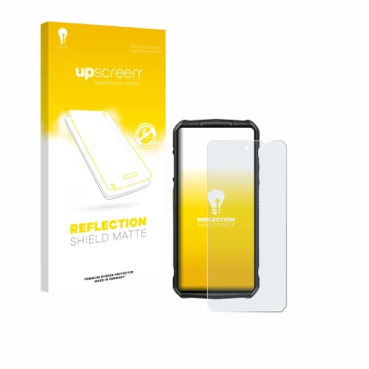 Parte frontal de un envase de producto con el logotipo de la marca upscreen. Al lado se muestra el dispositivo Ulefone 29 pro