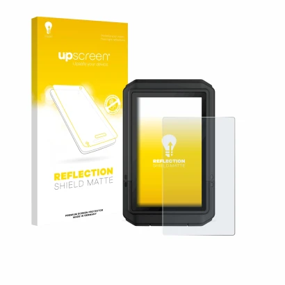 Parte frontal de un envase de producto con el logotipo de la marca upscreen. Al lado se muestra el dispositivo Garmin eTrex To