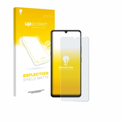 Parte frontal de un envase de producto con el logotipo de la marca upscreen. Al lado se muestra el dispositivo Cubot X100 con