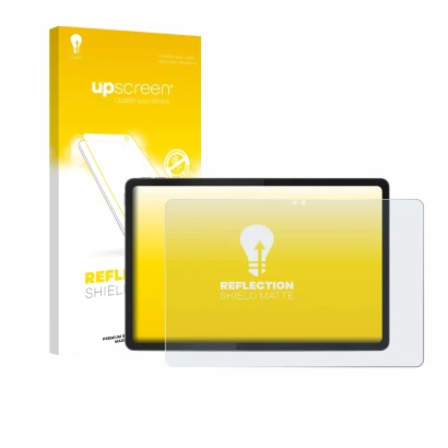 Parte frontal de un envase de producto con el logotipo de la marca upscreen. Al lado se muestra el dispositivo Lenovo Idea Tab