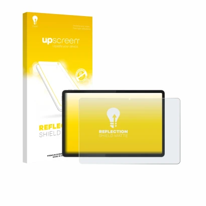 Parte frontal de un envase de producto con el logotipo de la marca upscreen. Al lado se muestra el dispositivo Lenovo Idea Tab