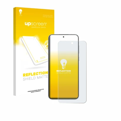 Parte frontal de un envase de producto con el logotipo de la marca upscreen. Al lado se muestra el dispositivo OnePlus 15R con