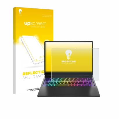Parte frontal de un envase de producto con el logotipo de la marca upscreen. Al lado se muestra el dispositivo HP Omen Max 16