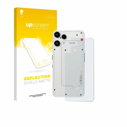 Parte frontal de un envase de producto con el logotipo de la marca upscreen. Al lado se muestra el dispositivo Nothing Phone (