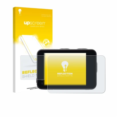 Parte frontal de un envase de producto con el logotipo de la marca upscreen. Al lado se muestra el dispositivo Akaso Brave 7 c