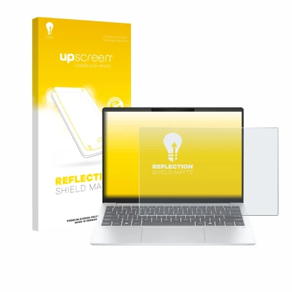 Parte frontal de un envase de producto con el logotipo de la marca upscreen. Al lado se muestra el dispositivo HP OmniBook 7 A
