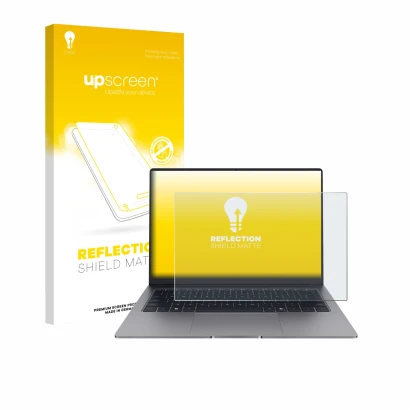 Parte frontal de un envase de producto con el logotipo de la marca upscreen. Al lado se muestra el dispositivo Honor MagicBook