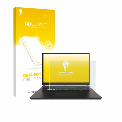 Parte frontal de un envase de producto con el logotipo de la marca upscreen. Al lado se muestra el dispositivo MSI Vector 17 H