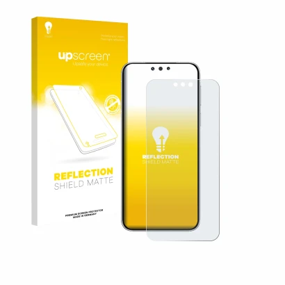 Parte frontal de un envase de producto con el logotipo de la marca upscreen. Al lado se muestra el dispositivo Huawei Mate 80