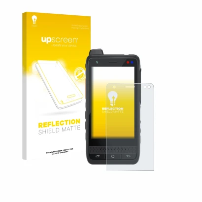 Parte frontal de un envase de producto con el logotipo de la marca upscreen. Al lado se muestra el dispositivo Uniwa F400 con