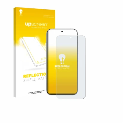 Parte frontal de un envase de producto con el logotipo de la marca upscreen. Al lado se muestra el dispositivo Xiaomi Poco F8