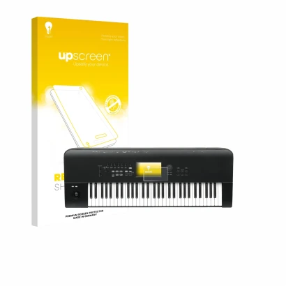 Parte frontal de un envase de producto con el logotipo de la marca upscreen. Al lado se muestra el dispositivo KORG Nautilus 6