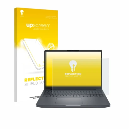 Parte frontal de un envase de producto con el logotipo de la marca upscreen. Al lado se muestra el dispositivo Dell Pro Max 16