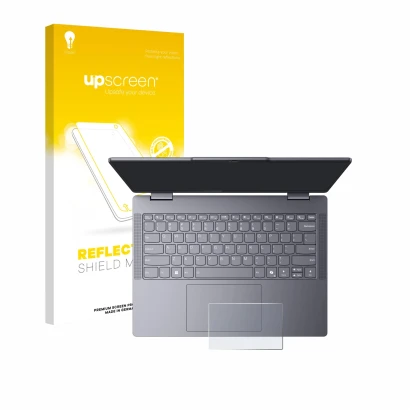 Parte frontal de un envase de producto con el logotipo de la marca upscreen. Al lado se muestra el dispositivo Lenovo IdeaPad 