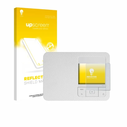 Parte frontal de un envase de producto con el logotipo de la marca upscreen. Al lado se muestra el dispositivo Canon Selphy CP