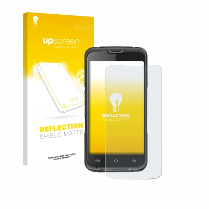 Parte frontal de un envase de producto con el logotipo de la marca upscreen. Al lado se muestra el dispositivo Unitech EA602 c