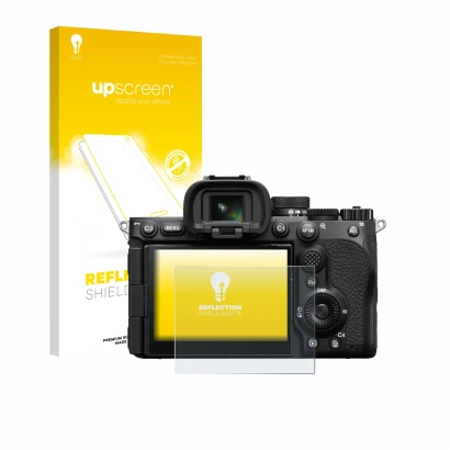 Parte frontal de un envase de producto con el logotipo de la marca upscreen. Al lado se muestra el dispositivo Sony Alpha 7 V 