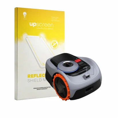 Parte frontal de un envase de producto con el logotipo de la marca upscreen. Al lado se muestra el dispositivo Navimow i105E+