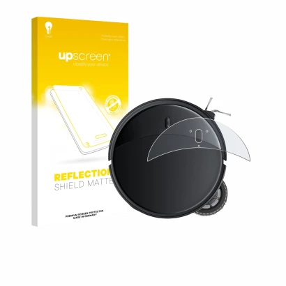 Parte frontal de un envase de producto con el logotipo de la marca upscreen. Al lado se muestra el dispositivo Roborock Saros