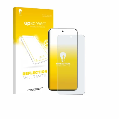 Parte frontal de un envase de producto con el logotipo de la marca upscreen. Al lado se muestra el dispositivo Xiaomi Redmi No