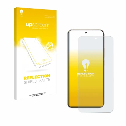 Parte frontal de un envase de producto con el logotipo de la marca upscreen. Al lado se muestra el dispositivo Honor Magic 8 L