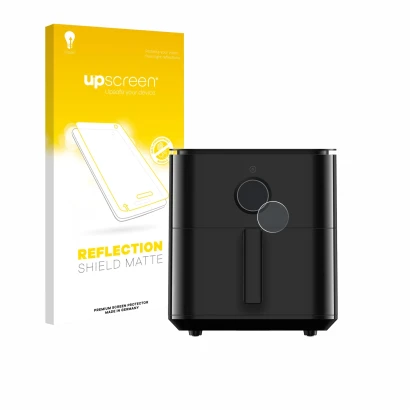 Parte frontal de un envase de producto con el logotipo de la marca upscreen. Al lado se muestra el dispositivo Xiaomi Air Frye