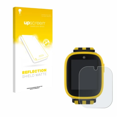 Parte frontal de un envase de producto con el logotipo de la marca upscreen. Al lado se muestra el dispositivo Xplora X6 Play 