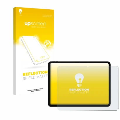 Parte frontal de un envase de producto con el logotipo de la marca upscreen. Al lado se muestra el dispositivo OnePlus Pad Go 