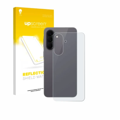 Parte frontal de un envase de producto con el logotipo de la marca upscreen. Al lado se muestra el dispositivo Samsung Galaxy 