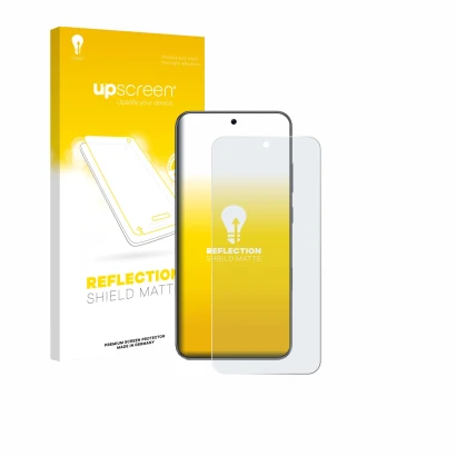 Parte frontal de un envase de producto con el logotipo de la marca upscreen. Al lado se muestra el dispositivo Honor Win con s