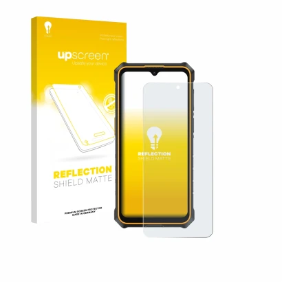 Parte frontal de un envase de producto con el logotipo de la marca upscreen. Al lado se muestra el dispositivo Ulefone RugKing